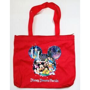 Disney Dreams Florida Red Canvas Tote Bag Flag Fireworks Zipper Top